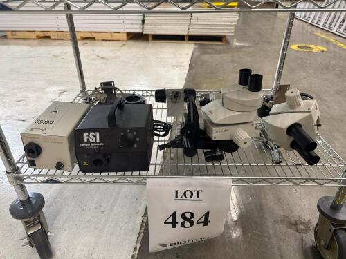 Leica M50 Stereo Microscope Heads w/ Focus Blocks, Correct FA-100EN & FSI Fiber Optic Illuminators