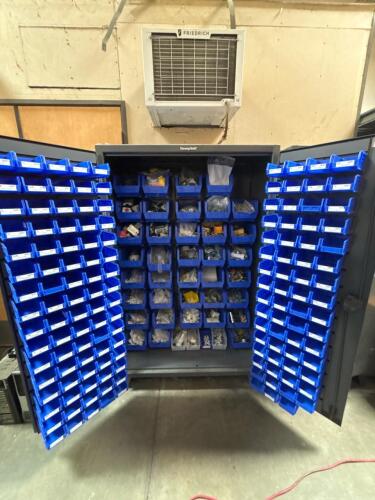 Heavy-Duty Strong Hold Industrial Storage Cabinet with 90 Bins, Mixed Electrical & Plumbing Parts