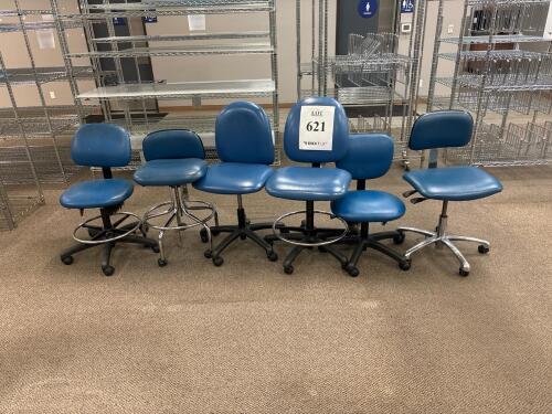 Lot of 6 Blue Lab/Office Task Chairs, Adjustable Height, Mixed Base Styles, Foot Rings