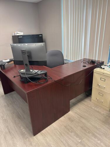 L-Shaped Executive Office Desk, 4-Drawer Black Lateral File Cabinet, Sanyo Mini Fridge 3.2 cu ft