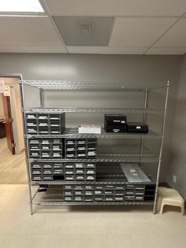Chrome 5-Shelf Wire Shelving, HON Black 3-Drawer Lateral File, Sandusky 2-Door Storage Cabinet