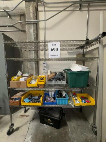 Metal Wire Shelving Unit w/ Plano Trunk, 4 Shelves, Assorted PVC Plumbing Fittings & Valves