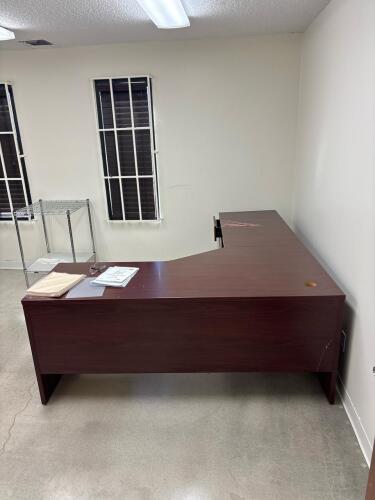 Large L-Shaped Office Desk, 5-Drawer File Cabinet, and 2-Shelf Chrome Wire Rack