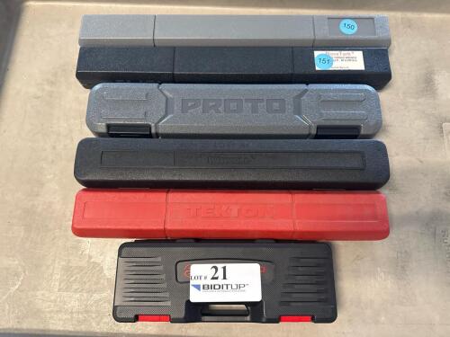LOT OF ASSORTED TORQUE WRENCHES; (1) 3/8&rdquo; SUERCUP MODEL:3/8 45FT.LB; (1) TEKTON MODEL: 24335; (1) WESTWARD TORQUE WRENCH (1)PROTO MODEL:J6012C; (1) NOVATORK MODEL: G3150; <br/>(LOCATION: BACKROOM GIGAFACTORY)
