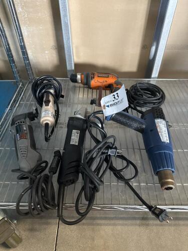 LOT OF ASSORTED TOOLS;<br/>STEINEL HEAT GUN MODEL: HL 1810 S; DYNABRADE ELETRIC DYNAFILE MODEL: 40605; DREMEL MULTI MAX MODEL: MM30; ELETRIC TORQUE SCREWDRIVER MODEL: VZ-3012; RIDGID CORDED DRILL MODEL: R7001 (LOCATION: BACKROOM GIGAFACTORY)