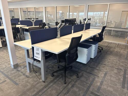 4 PERSON WORKSTATION HERMAN MILLER NEVI SIT TO STAND ELECTRIC ADJUSTABLE DESK 70&rdquo; x 28&rdquo; x 27&rdquo; (46&rdquo; MAX HIGHT) W/ (4) OFFICE CHAIRS, (4) MOBILE PEDESTALS AND MONITOR MOUNTS <br/>(2ND FLOOR OFFICE, STAIRS ONLY, IN GIGAFACTORY)