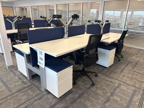 4 PERSON WORKSTATION HERMAN MILLER NEVI SIT TO STAND ELECTRIC ADJUSTABLE DESK 70&rdquo; x 28&rdquo; x 27&rdquo; (46&rdquo; MAX HIGHT) W/ (4) OFFICE CHAIRS, (4) MOBILE PEDESTALS AND MONITOR MOUNTS <br/>(2ND FLOOR OFFICE, STAIRS ONLY, IN GIGAFACTORY)