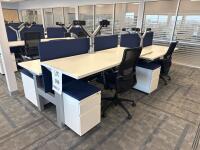 4 PERSON WORKSTATION HERMAN MILLER NEVI SIT TO STAND ELECTRIC ADJUSTABLE DESK 70&rdquo; x 28&rdquo; x 27&rdquo; (46&rdquo; MAX HIGHT) W/ (4) OFFICE CHAIRS, (4) MOBILE PEDESTALS AND MONITOR MOUNTS <br/>(2ND FLOOR OFFICE, STAIRS ONLY, IN GIGAFACTORY)