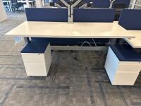 4 PERSON WORKSTATION HERMAN MILLER NEVI SIT TO STAND ELECTRIC ADJUSTABLE DESK 70&rdquo; x 28&rdquo; x 27&rdquo; (46&rdquo; MAX HIGHT) W/ (4) OFFICE CHAIRS, (4) MOBILE PEDESTALS AND MONITOR MOUNTS <br/>(2ND FLOOR OFFICE, STAIRS ONLY, IN GIGAFACTORY) - 4
