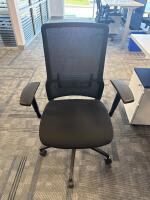 4 PERSON WORKSTATION HERMAN MILLER NEVI SIT TO STAND ELECTRIC ADJUSTABLE DESK 70&rdquo; x 28&rdquo; x 27&rdquo; (46&rdquo; MAX HIGHT) W/ (4) OFFICE CHAIRS, (4) MOBILE PEDESTALS AND MONITOR MOUNTS <br/>(2ND FLOOR OFFICE, STAIRS ONLY, IN GIGAFACTORY) - 6
