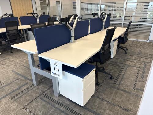 4 PERSON WORKSTATION HERMAN MILLER NEVI SIT TO STAND ELECTRIC ADJUSTABLE DESK 70&rdquo; x 28&rdquo; x 27&rdquo; (46&rdquo; MAX HIGHT) W/ (4) OFFICE CHAIRS, (4) MOBILE PEDESTALS AND MONITOR MOUNTS <br/>(2ND FLOOR OFFICE, STAIRS ONLY, IN GIGAFACTORY)