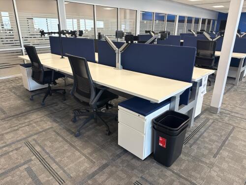 4 PERSON WORKSTATION HERMAN MILLER NEVI SIT TO STAND ELECTRIC ADJUSTABLE DESK 70&rdquo; x 28&rdquo; x 27&rdquo; (46&rdquo; MAX HIGHT) W/ (4) OFFICE CHAIRS, (4) MOBILE PEDESTALS AND MONITOR MOUNTS <br/>(2ND FLOOR OFFICE, STAIRS ONLY, IN GIGAFACTORY)