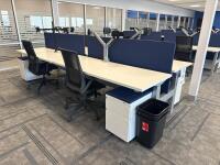 4 PERSON WORKSTATION HERMAN MILLER NEVI SIT TO STAND ELECTRIC ADJUSTABLE DESK 70&rdquo; x 28&rdquo; x 27&rdquo; (46&rdquo; MAX HIGHT) W/ (4) OFFICE CHAIRS, (4) MOBILE PEDESTALS AND MONITOR MOUNTS <br/>(2ND FLOOR OFFICE, STAIRS ONLY, IN GIGAFACTORY)