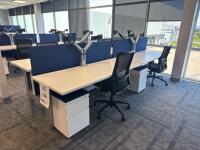 4 PERSON WORKSTATION HERMAN MILLER NEVI SIT TO STAND ELECTRIC ADJUSTABLE DESK 70&rdquo; x 28&rdquo; x 27&rdquo; (46&rdquo; MAX HIGHT) W/ (4) OFFICE CHAIRS, (4) MOBILE PEDESTALS AND MONITOR MOUNTS <br/>(2ND FLOOR OFFICE, STAIRS ONLY, IN GIGAFACTORY)