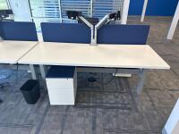 4 PERSON WORKSTATION HERMAN MILLER NEVI SIT TO STAND ELECTRIC ADJUSTABLE DESK 70&rdquo; x 28&rdquo; x 27&rdquo; (46&rdquo; MAX HIGHT) W/ (4) OFFICE CHAIRS, (4) MOBILE PEDESTALS AND MONITOR MOUNTS <br/>(2ND FLOOR OFFICE, STAIRS ONLY, IN GIGAFACTORY) - 4