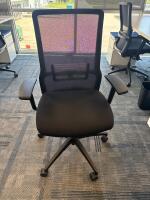 4 PERSON WORKSTATION HERMAN MILLER NEVI SIT TO STAND ELECTRIC ADJUSTABLE DESK 70&rdquo; x 28&rdquo; x 27&rdquo; (46&rdquo; MAX HIGHT) W/ (4) OFFICE CHAIRS, (4) MOBILE PEDESTALS AND MONITOR MOUNTS <br/>(2ND FLOOR OFFICE, STAIRS ONLY, IN GIGAFACTORY) - 5