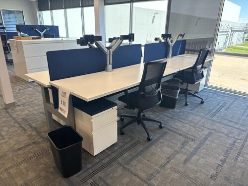4 PERSON WORKSTATION HERMAN MILLER NEVI SIT TO STAND ELECTRIC ADJUSTABLE DESK 70&rdquo; x 28&rdquo; x 27&rdquo; (46&rdquo; MAX HIGHT) W/ (4) OFFICE CHAIRS, (4) MOBILE PEDESTALS AND MONITOR MOUNTS <br/>(2ND FLOOR OFFICE, STAIRS ONLY, IN GIGAFACTORY)
