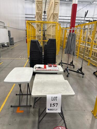 LOT OF ASSORTED FOLDING TABLES, RACKS AND STEP STOOLS<br/>(LOCATION: FORMATION)