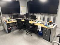L SHAPE DESK W/ MONITORS AND 2 OFFICE CHAIRS<br/>(LOCATION: FORMATION)