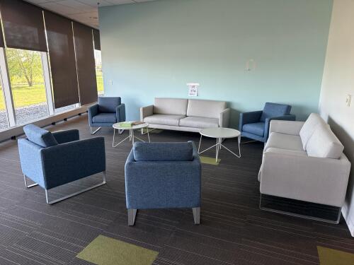 (2) SOFAS, (4) SIDE CHAIRS, (2) COFFEE TABLES (DELAY PICK UP JUNE 30)