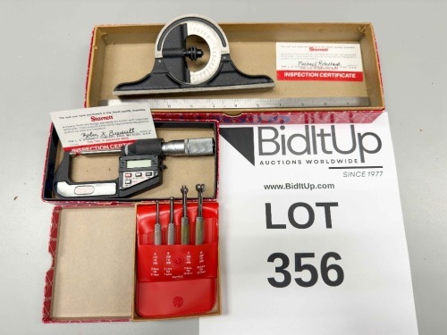 Lot of (3) Starrett precision measuring equipment (1) bevel protractor (1) electronic screw thread micrometer (1) hole gauge set