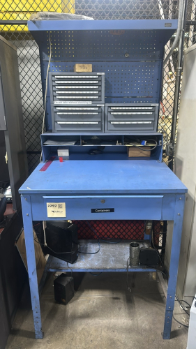 GLOBAL BLUE SHOP DESK AND (3) ASSTD HOUT SMALL DRILL CABINETS