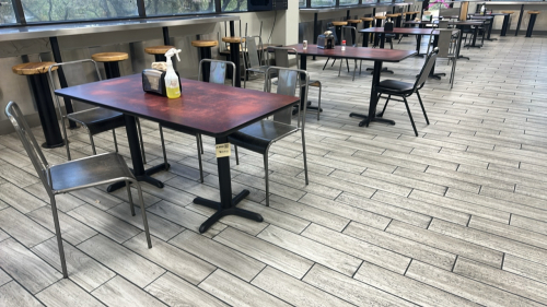 LOT ASST&rsquo;D TABLES AND CHAIRS: (9) 60&rdquo; L, (4) 36&rdquo; ROUND, (25) ASSTD CHAIRS, (2) 54&rdquo; L BENCHES, (1) 12&rsquo; FT CONFERENCE TABLE, AND (2) TRASH CAN CABINETS