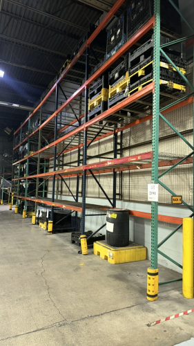 LOT (9) SEC. Of ASST'D PALLET RACKING, WITH (80) BEAMS, (70) WIRE TRAYS, UPRIGHTS ARE APPROX. 19&rsquo; FT HEIGHT X 42&rdquo; W, WIRE MESH iIN BACK