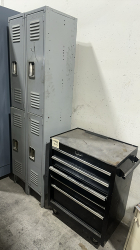 BLACK 5-DRAWER TOOL BOX ON WHEELS AND 4-DOOR LOCKER UNIT