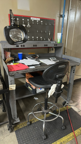 ULINE METAL WORKTABLE WITH POWER OUTLETS AND STOOL
