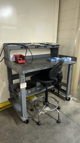 ULINE METAL WORKTABLE WITH POWER OUTLETS AND STOOL