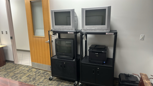 LOT (2) MOBILE AV CARTS, TV'S, AND PRINTERS