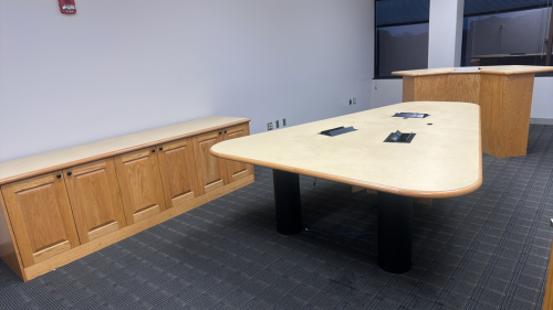 LOT 112" L TRIANGLE SHAPE CONFERENCE TABLE WITH 98" L CREDENZA AND 84" L PODIUM