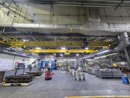 Lot (2) CraneMann 3 Ton Single Girder Overhead Bridge Cranes, (1) Detroit 3 Ton Electric Wire Rope Hoist and (1) Konecranes 3 Ton Electric Wire Rope Hoist ~35ft. Span / ~30ft. Length; Crane Runway Railing