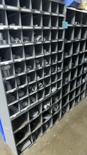 Lot Asst&rdquo;d CPVC Parts, Elbows, Adapters, Unions, End Caps, Tee, Flanges, With (2) Parts Racks