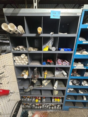 Bin and Assorted Contents - Grease, Caulking, Grease Guns, etc.