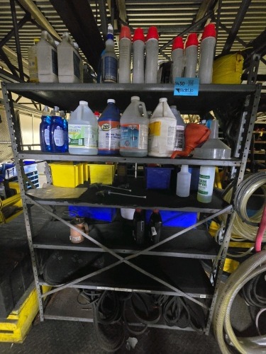 Shelf and Assorted Contents - Cleaning Supplies, Belts, Funnel, etc.