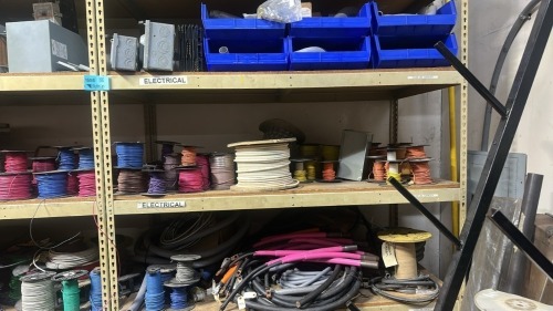 Lot Asst&rsquo;d Electical Wire, Electrical Panels with (2) Sec of Metal Shelving and Cable Rack