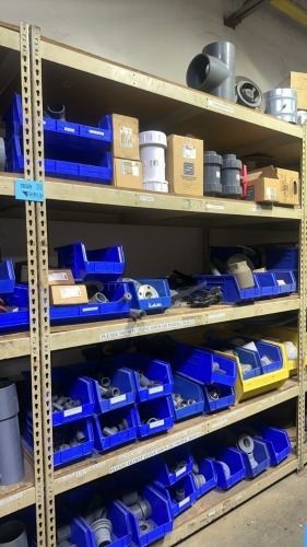 Lot Asst&rsquo;d PVC Fittings, Valves, and (2) Sec of Shelving