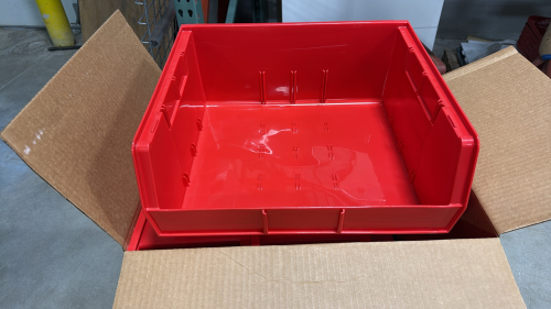 LOT (12) ULINE RED PLASTIC STACKABLE BINS