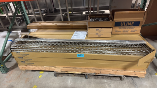 LOT (3) ULINE WIRE RACKS WITH 4 WIRE SHELVES AND CASTERS. 72&rdquo; x 18&rdquo; SHELVES (UNUSED)