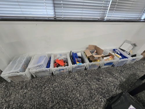Misc. Totes of Computer and Electronics Parts and Supplies - Wiring, Adhesives, Charger, etc.