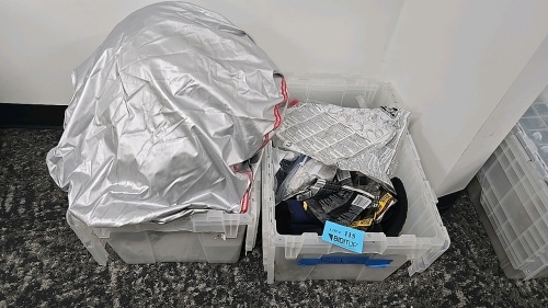 Misc. Totes of Vehicle Supplies: (2) Car Covers, Kneepads, Tack Cloth, etc.