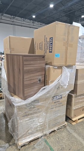 Pallet of (9) ULine Metro Collection 2 Drawer Walnut Mobile Pedestal Filing Cabinets - NEW IN BOX, UNUSED