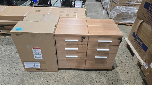 (3) ULine Designer Collection 3 Drawer Maple Mobile Pedestal Filing Cabinets