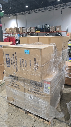 Pallet of (7) ULine Metro Collection 2 Drawer Walnut Mobile Pedestal Filing Cabinets - NEW IN BOX, UNUSED