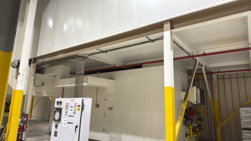 (TOP UNIT) PAINT BAKE CURE OVEN WITH NORTHERN BLOWER PAINT MOISTER DRYOFF FAN, SIZE 1650 CL 2X WITH CONTROL PANEL, APPROX.: 76' FT LONG X 270"WIDE X 10' HIGH, FIRST BOTTOM BURNER/BLOWER UNIT WITH NORTHERN BLOWER ZONE # 2 RECIRC FAN SIZE: 4900 CL 2X, APP