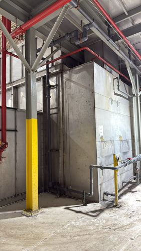 36'FT LONG STEEL CONSTRUCTION BASE COAT BOOTH (BOTTOM UNIT)), WITH (TOP UNIT) AIR HOUSING UNIT WITH 10 DOORS AND (2) NORTHERN BLOWER EXHAUST FAN, SIZE 3300 CL 2X, APPROX. 69' FT LONG WITH BLOWERS x 15"WIDE X 99"HEIGHT, AND MEZZANINE WITH STAIRCASE, (LOC