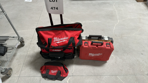 LOT OF ASSORTED TOOL BAGS/BOXES, TO INCLUDE: MILWAUKEE, HUSKY, DEWALT, ETC.
