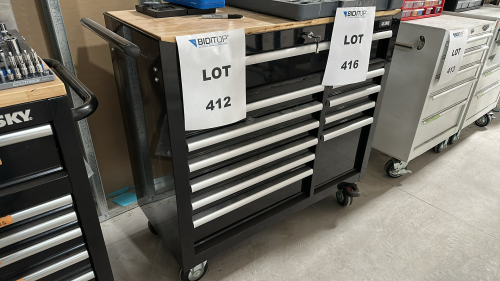 ULINE 11-DRAWER MOBILE WOOD TOP STAINLESS STEEL WORKBENCH, DIMENSIONS: 45" x 19" x 40" (CONTENTS ON TOP NOT INCLUDED)